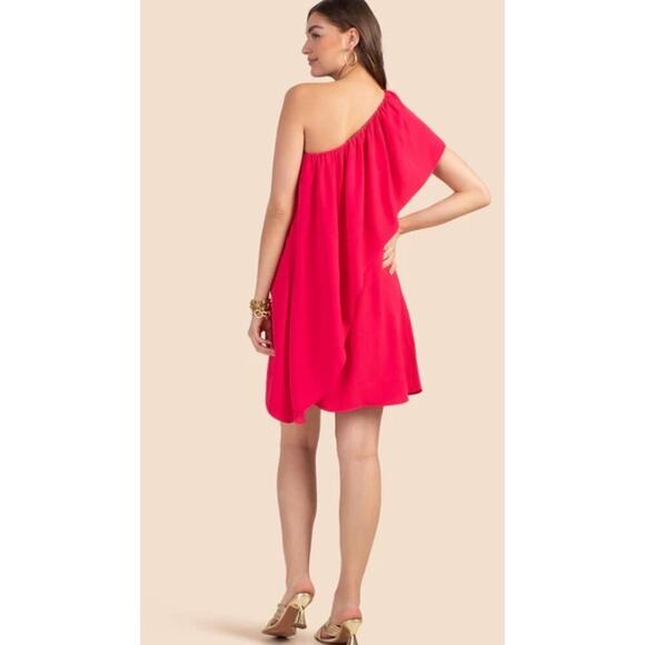 Trina Turk XS Dress Dark Pink One Shoulder Satisfied Shift Ruffle Crepe Amo NEW - Picture 2 of 9